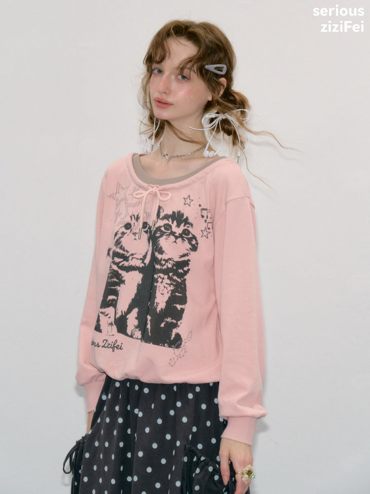 Musical Note Starlight Vintage Pink Cat Print Crew Neck Tie Slimming Sweatshirt【s0000018433】