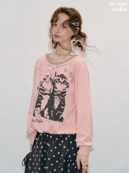 Musical Note Starlight Vintage Pink Cat Print Crew Neck Tie Slimming Sweatshirt【s0000018433】