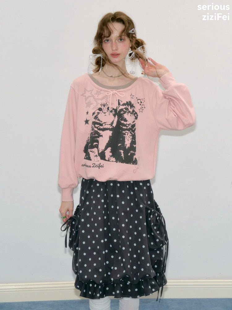 Musical Note Starlight Vintage Pink Cat Print Crew Neck Tie Slimming Sweatshirt【s0000018433】