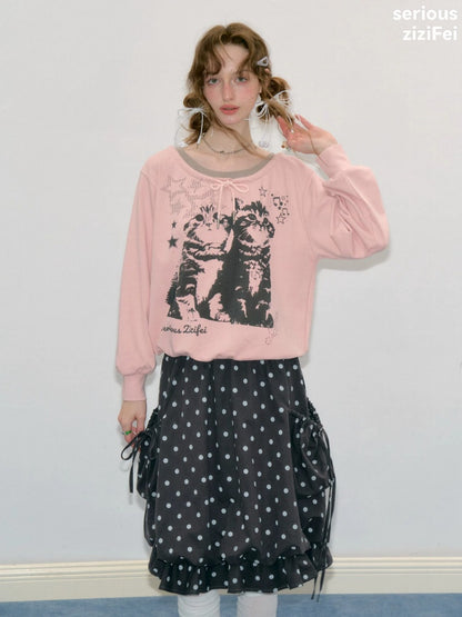Musical Note Starlight Vintage Pink Cat Print Crew Neck Tie Slimming Sweatshirt【s0000018433】