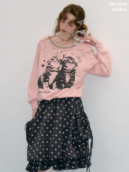 Musical Note Starlight Vintage Pink Cat Print Crew Neck Tie Slimming Sweatshirt【s0000018433】