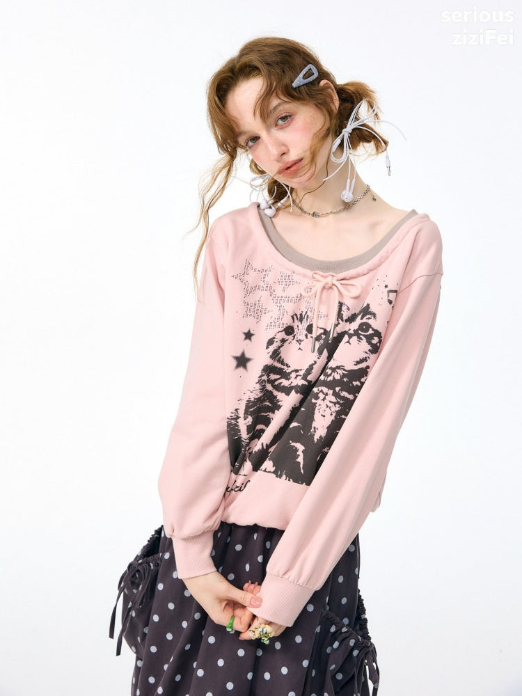 Musical Note Starlight Vintage Pink Cat Print Crew Neck Tie Slimming Sweatshirt【s0000018433】