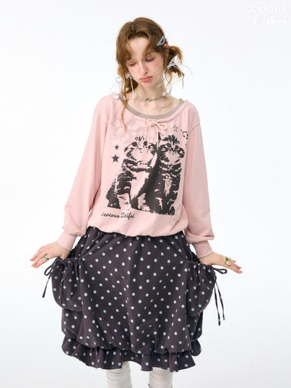 Musical Note Starlight Vintage Pink Cat Print Crew Neck Tie Slimming Sweatshirt【s0000018433】