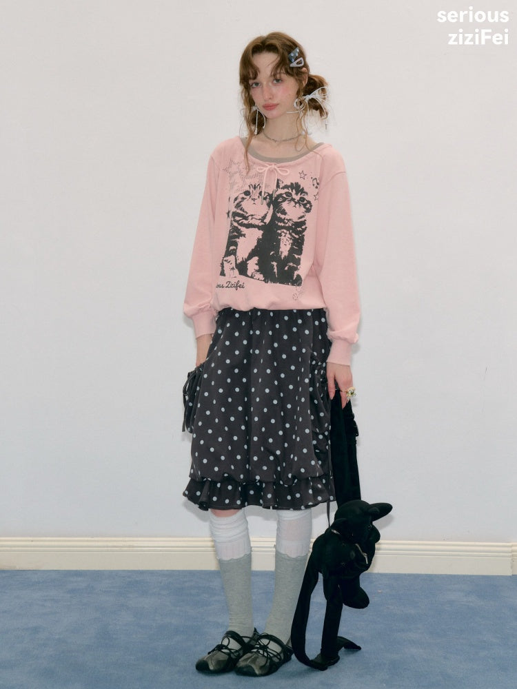 Musical Note Starlight Vintage Pink Cat Print Crew Neck Tie Slimming Sweatshirt【s0000018433】