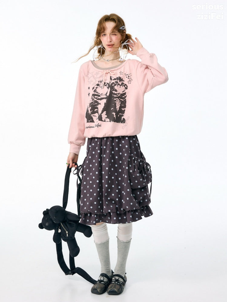 Musical Note Starlight Vintage Pink Cat Print Crew Neck Tie Slimming Sweatshirt【s0000018433】