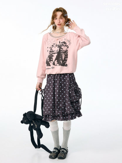 Musical Note Starlight Vintage Pink Cat Print Crew Neck Tie Slimming Sweatshirt【s0000018433】