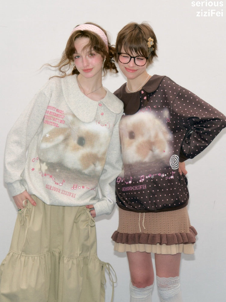 Bunny Print Polka Dot Doll Diagonal Light Gray Slimming Sweatshirt【s0000018434】