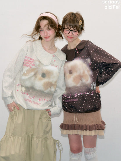 Bunny Print Polka Dot Doll Diagonal Light Gray Slimming Sweatshirt【s0000018434】