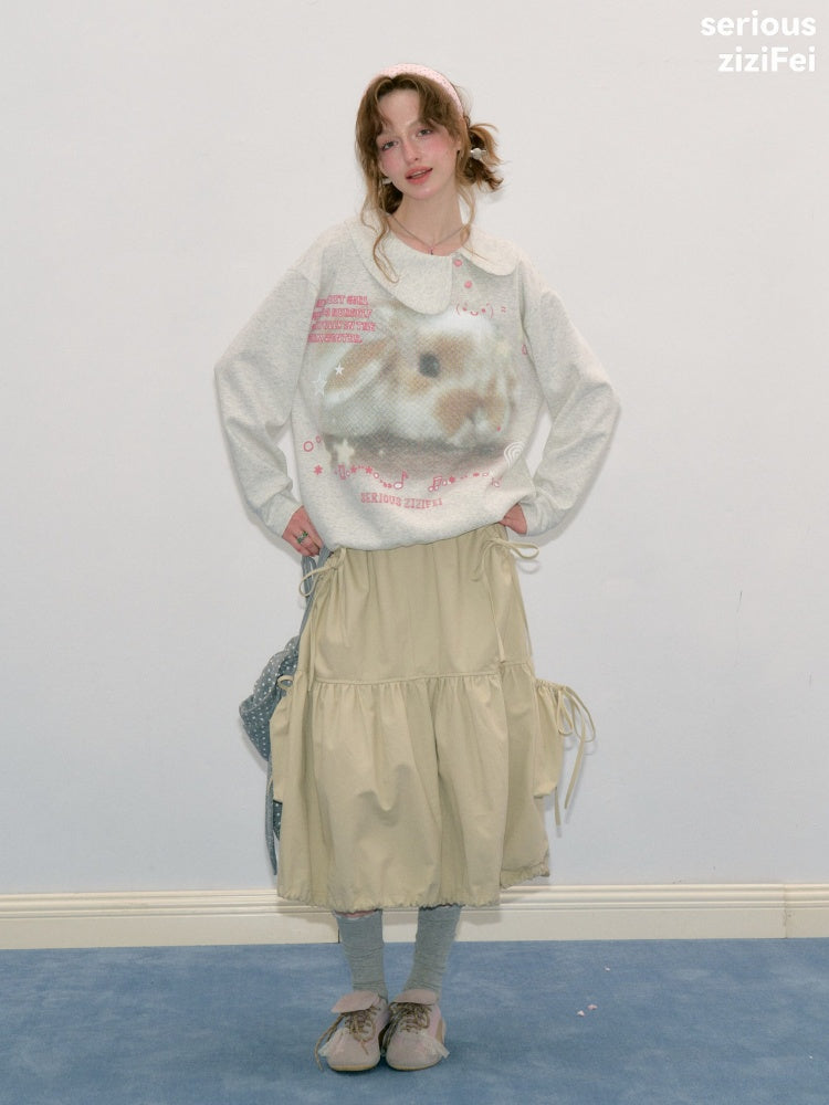 Bunny Print Polka Dot Doll Diagonal Light Gray Slimming Sweatshirt【s0000018434】