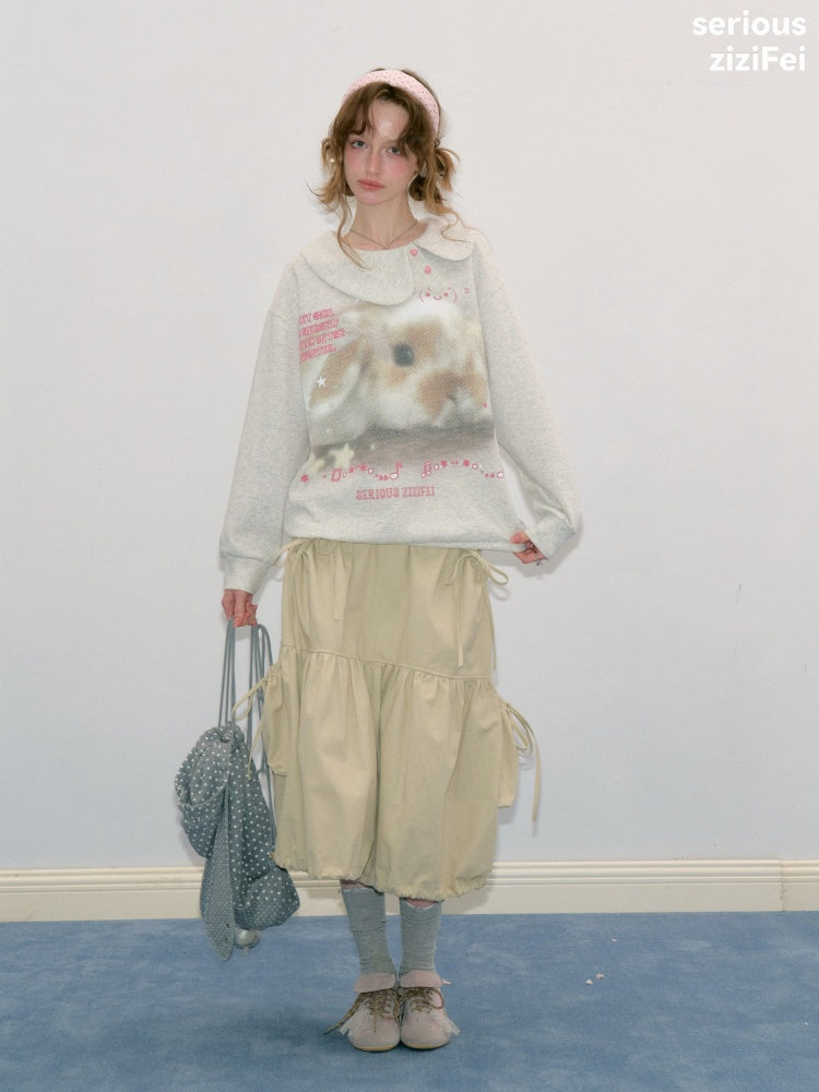 Bunny Print Polka Dot Doll Diagonal Light Gray Slimming Sweatshirt【s0000018434】