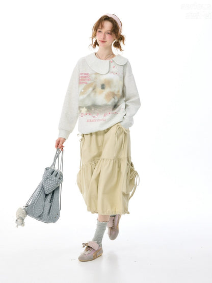 Bunny Print Polka Dot Doll Diagonal Light Gray Slimming Sweatshirt【s0000018434】