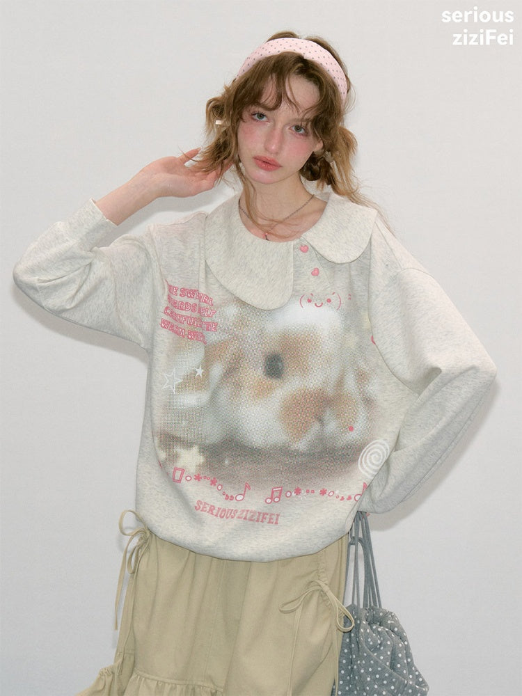 Bunny Print Polka Dot Doll Diagonal Light Gray Slimming Sweatshirt【s0000018434】