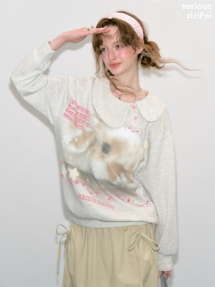 Bunny Print Polka Dot Doll Diagonal Light Gray Slimming Sweatshirt【s0000018434】