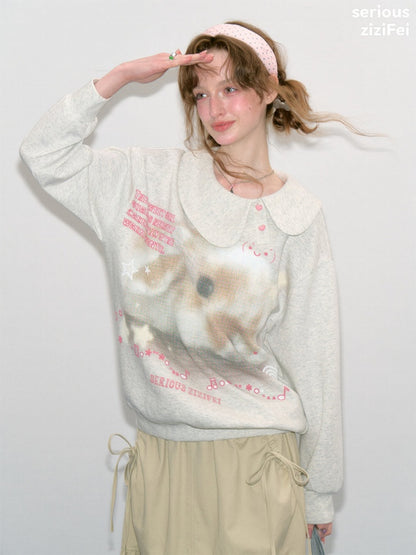 Bunny Print Polka Dot Doll Diagonal Light Gray Slimming Sweatshirt【s0000018434】