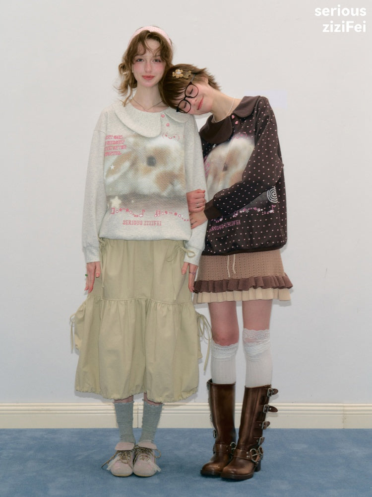 Bunny Print Polka Dot Doll Diagonal Light Gray Slimming Sweatshirt【s0000018434】