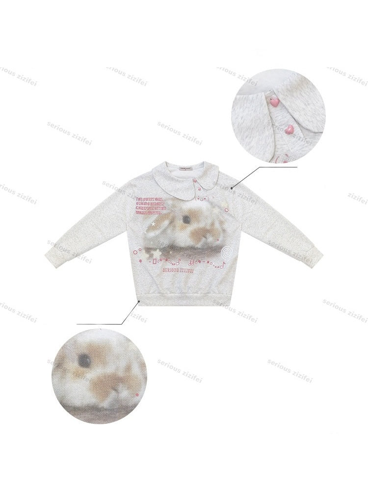 Bunny Print Polka Dot Doll Diagonal Light Gray Slimming Sweatshirt【s0000018434】