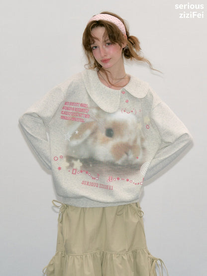 Bunny Print Polka Dot Doll Diagonal Light Gray Slimming Sweatshirt【s0000018434】