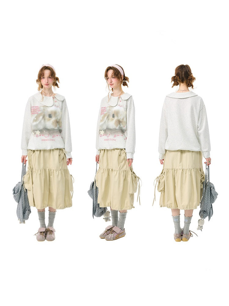 Bunny Print Polka Dot Doll Diagonal Light Gray Slimming Sweatshirt【s0000018434】
