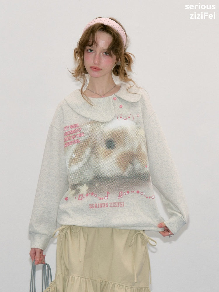 Bunny Print Polka Dot Doll Diagonal Light Gray Slimming Sweatshirt【s0000018434】