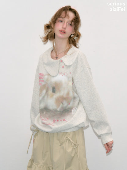 Bunny Print Polka Dot Doll Diagonal Light Gray Slimming Sweatshirt【s0000018434】