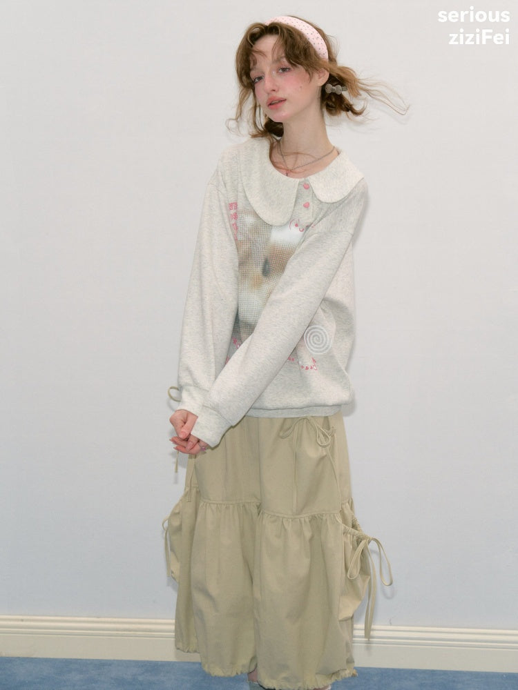 Bunny Print Polka Dot Doll Diagonal Light Gray Slimming Sweatshirt【s0000018434】