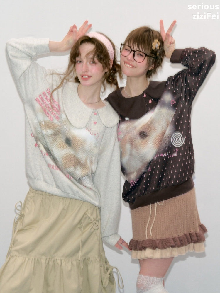 Bunny Print Polka Dot Doll Diagonal Light Gray Slimming Sweatshirt【s0000018434】