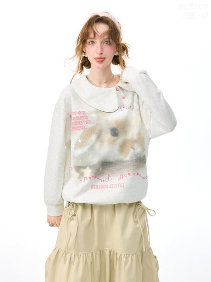 Bunny Print Polka Dot Doll Diagonal Light Gray Slimming Sweatshirt【s0000018434】