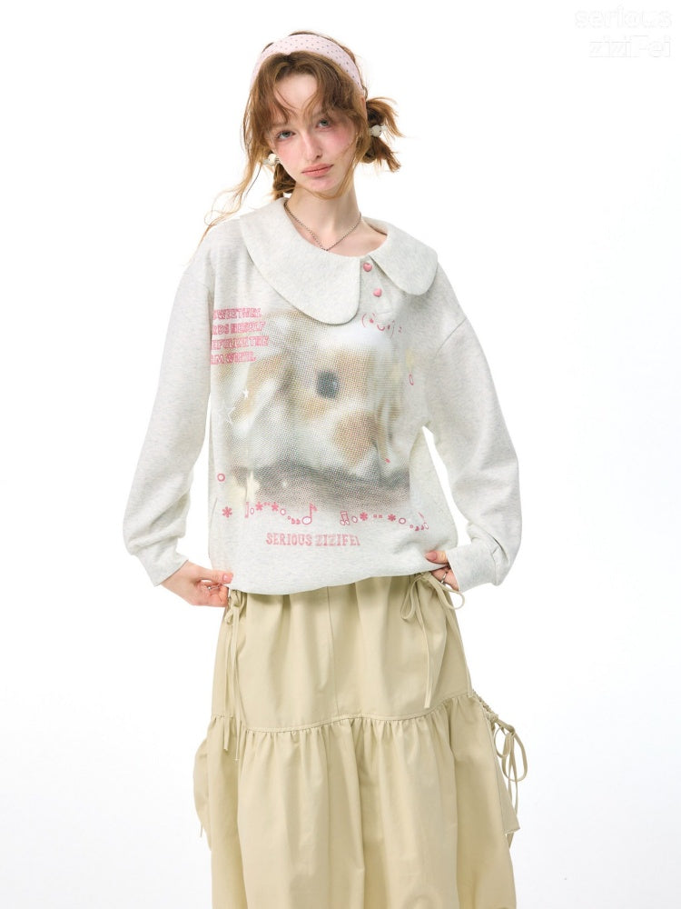 Bunny Print Polka Dot Doll Diagonal Light Gray Slimming Sweatshirt【s0000018434】