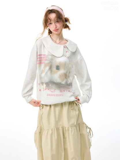 Bunny Print Polka Dot Doll Diagonal Light Gray Slimming Sweatshirt【s0000018434】