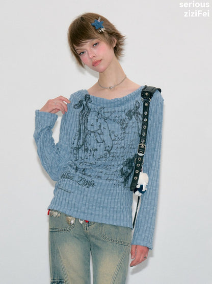 Graffiti Rabbit Blue Swaying Collar Slim Long-Sleeve Knit T-Shirt【s0000018435】