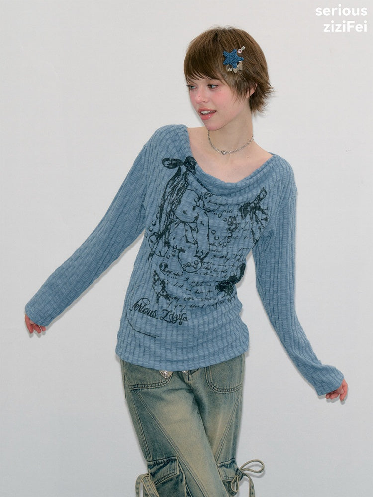 Graffiti Rabbit Blue Swaying Collar Slim Long-Sleeve Knit T-Shirt【s0000018435】