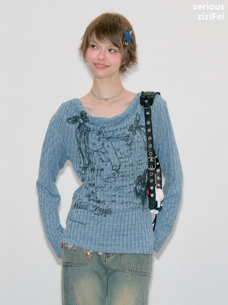 Graffiti Rabbit Blue Swaying Collar Slim Long-Sleeve Knit T-Shirt【s0000018435】