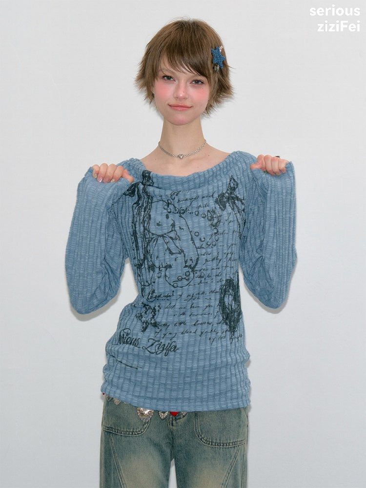 Graffiti Rabbit Blue Swaying Collar Slim Long-Sleeve Knit T-Shirt【s0000018435】