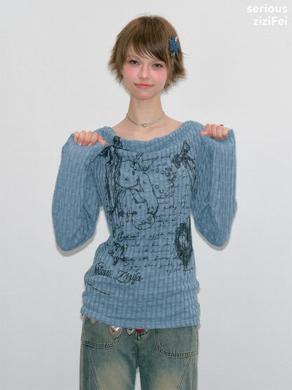 Graffiti Rabbit Blue Swaying Collar Slim Long-Sleeve Knit T-Shirt【s0000018435】