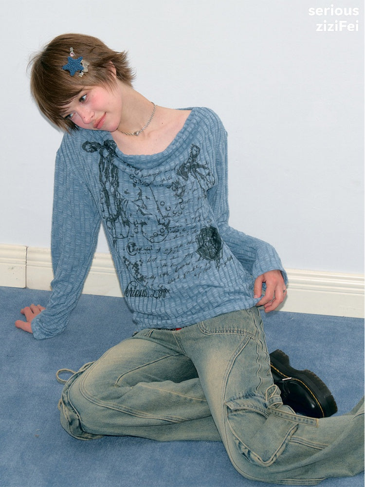 Graffiti Rabbit Blue Swaying Collar Slim Long-Sleeve Knit T-Shirt【s0000018435】