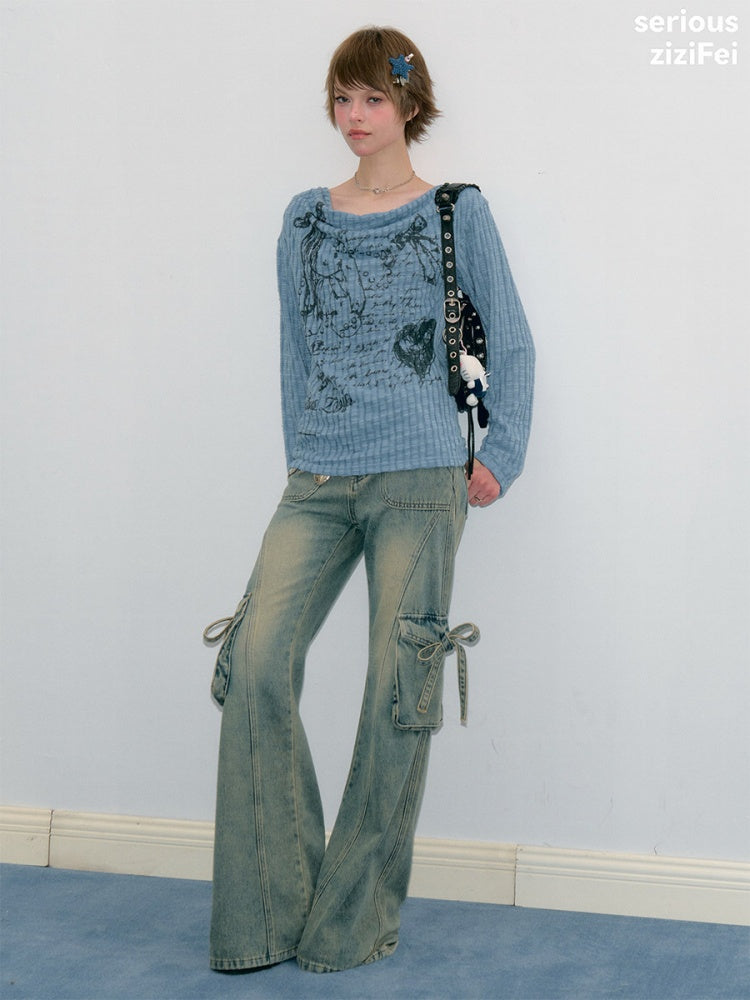 Graffiti Rabbit Blue Swaying Collar Slim Long-Sleeve Knit T-Shirt【s0000018435】