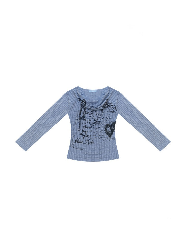 Graffiti Rabbit Blue Swaying Collar Slim Long-Sleeve Knit T-Shirt【s0000018435】
