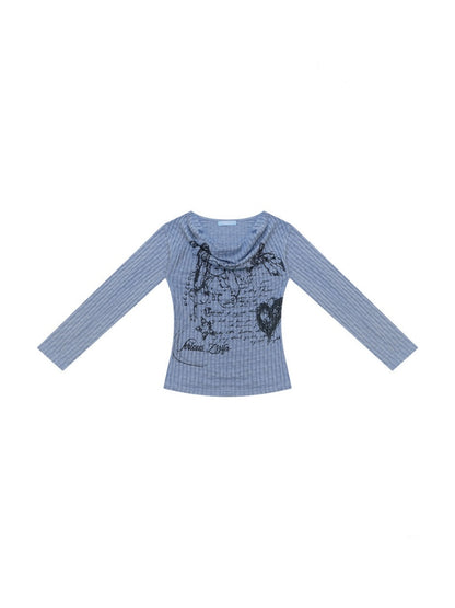 Graffiti Rabbit Blue Swaying Collar Slim Long-Sleeve Knit T-Shirt【s0000018435】