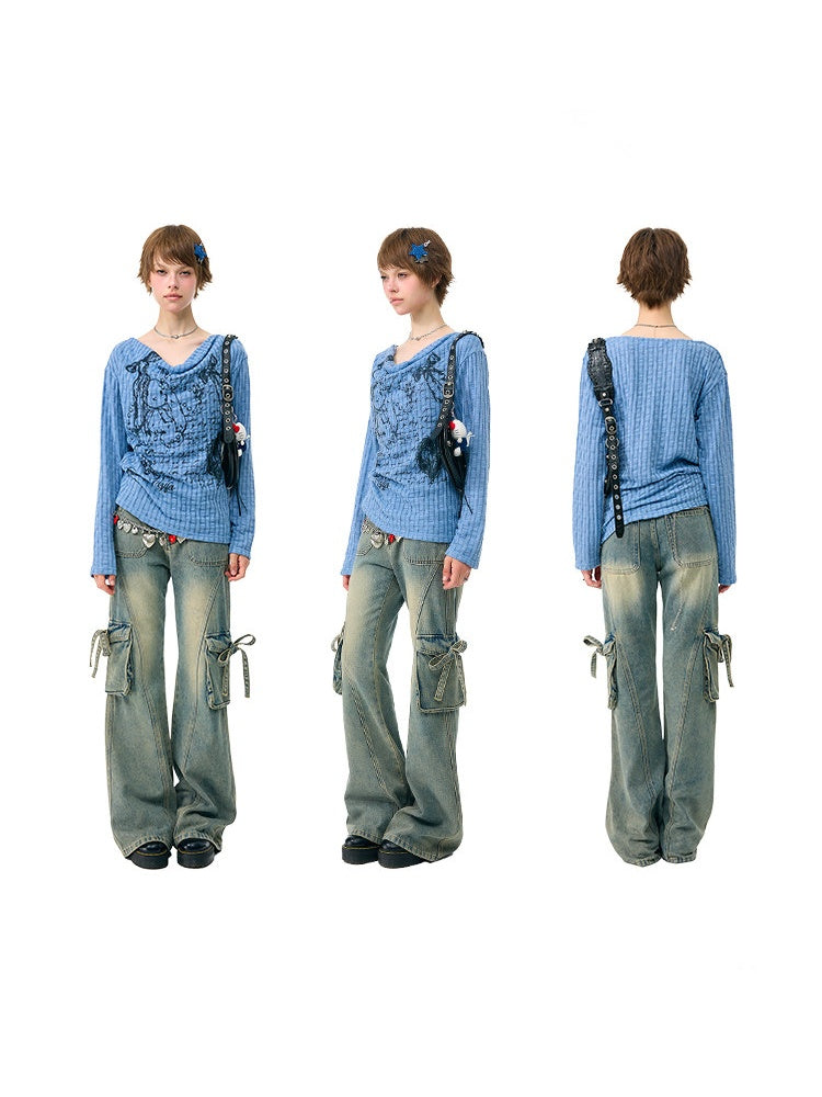 Graffiti Rabbit Blue Swaying Collar Slim Long-Sleeve Knit T-Shirt【s0000018435】