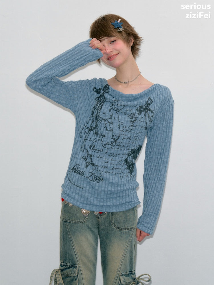 Graffiti Rabbit Blue Swaying Collar Slim Long-Sleeve Knit T-Shirt【s0000018435】