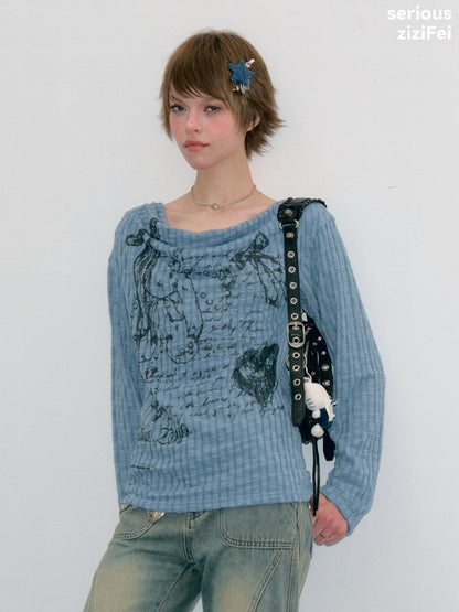 Graffiti Rabbit Blue Swaying Collar Slim Long-Sleeve Knit T-Shirt【s0000018435】