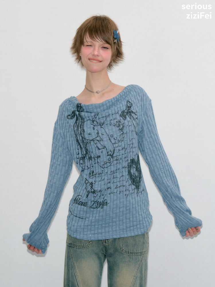 Graffiti Rabbit Blue Swaying Collar Slim Long-Sleeve Knit T-Shirt【s0000018435】