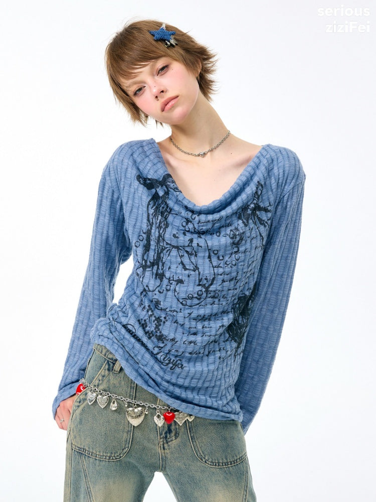 Graffiti Rabbit Blue Swaying Collar Slim Long-Sleeve Knit T-Shirt【s0000018435】