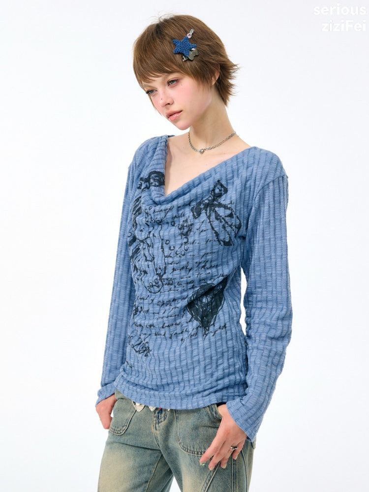 Graffiti Rabbit Blue Swaying Collar Slim Long-Sleeve Knit T-Shirt【s0000018435】