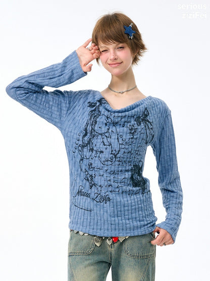 Graffiti Rabbit Blue Swaying Collar Slim Long-Sleeve Knit T-Shirt【s0000018435】