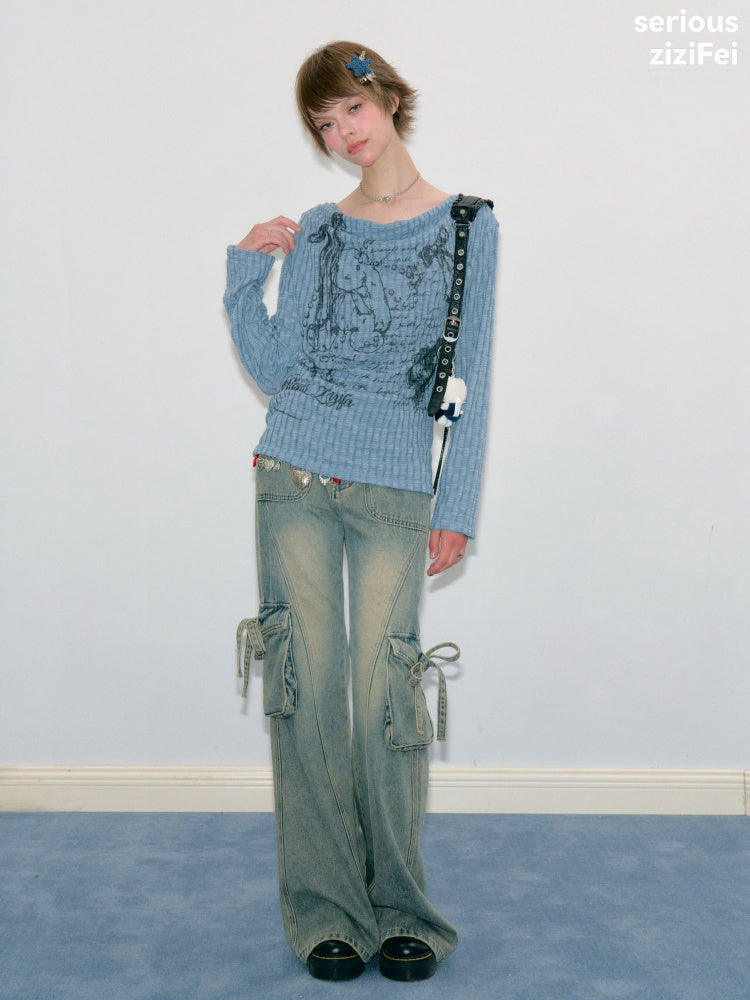 Graffiti Rabbit Blue Swaying Collar Slim Long-Sleeve Knit T-Shirt【s0000018435】