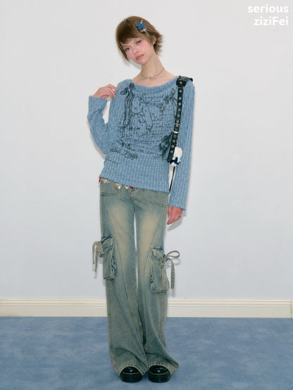 Graffiti Rabbit Blue Swaying Collar Slim Long-Sleeve Knit T-Shirt【s0000018435】
