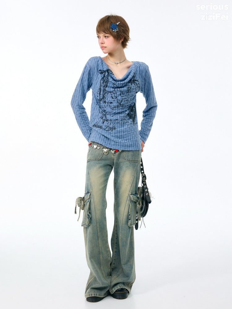 Graffiti Rabbit Blue Swaying Collar Slim Long-Sleeve Knit T-Shirt【s0000018435】