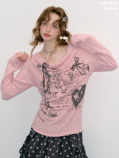 Graffiti Rabbit Pink Swaying Collar Slim Long-Sleeve Knit T-Shirt【s0000018436】