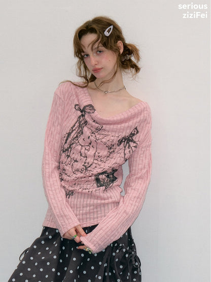 Graffiti Rabbit Pink Swaying Collar Slim Long-Sleeve Knit T-Shirt【s0000018436】